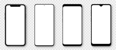 Saydam ekranlı gerçekçi modeller akıllı telefon. Akıllı telefon model koleksiyonu. Aygıt ön görünümü. Şeffaf arkaplanda gölgesi olan 3D cep telefonu - stok vektörü.