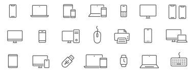 Aygıt ve teknoloji çizgisi simgesi ayarlandı. Elektronik cihazlar, cihazlar, bilgisayar, ekipman ve elektronik aletler. Bilgisayar monitörü, akıllı telefon, tablet ve laptop sumbol koleksiyonu - stok vektörü.