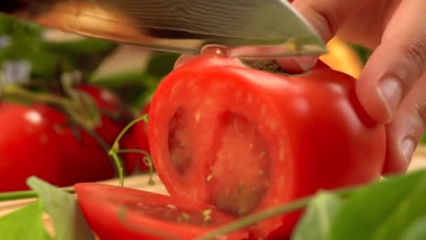 Snijden van rode tomaten. — Stockvideo