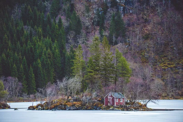 凍った湖の真ん中に木の家の小さな島 — ストック写真