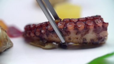 Beyaz bir yüzeye yayılmış dokunaç kavrulmuş ahtapot.