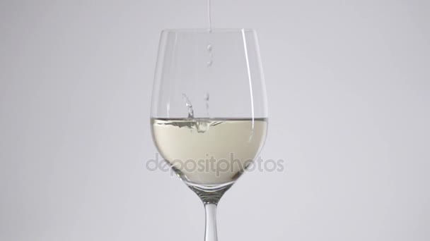 The wine glass is half filled with a clear liquid. — Stock Video