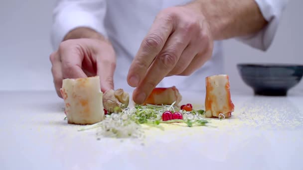 Um prato com caranguejos é decorado com caracóis e conchas . — Vídeo de Stock