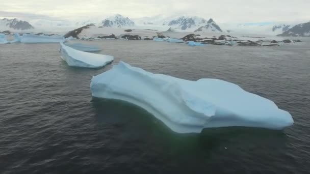 Een zicht op de blauwe ijsbergen in de buurt van de rotsachtige kust. Andrejev. — Stockvideo