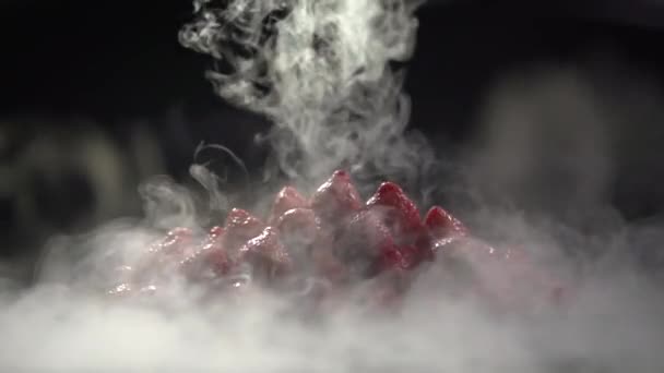 El humo del nitrógeno líquido se disipa alrededor de la placa con fresas . — Vídeos de Stock