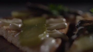 İki hamsi turşusu hıyar üstüne tost koymak Close-Up.