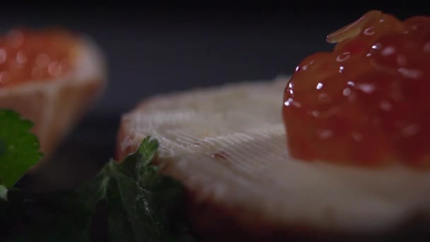 Roter Kaviar auf Brot und Butter verteilen. — Stockvideo