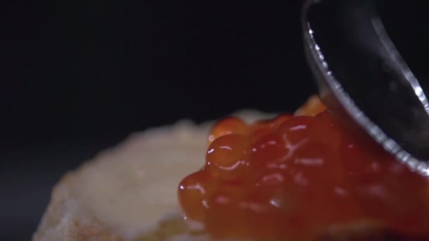Sendok mengolesi kaviar merah di atas mentega pada roti . — Stok Video
