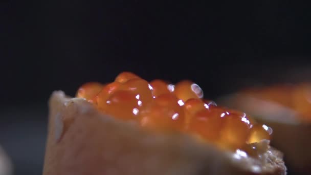 Caviale rosso si trova sulla cima di un panino . — Video Stock