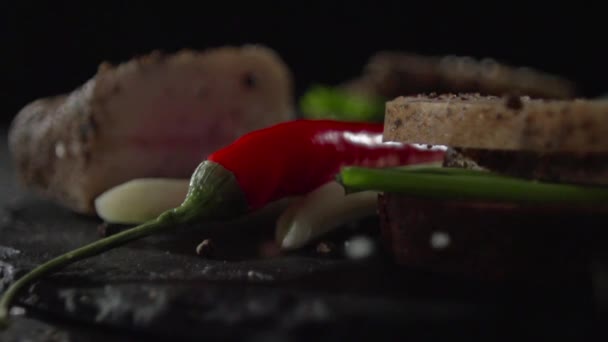 Close-up of a sandwich with bacon and red pepper. — Stock Footage Close-up of a sandwich with bacon and red pepper. Video Clip