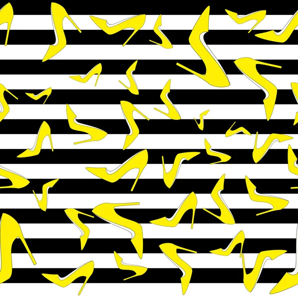 Siyah ve beyaz şeritler, vektör çizim üzerinde pompalar seamless modeli - sarı mahkeme Ayakkabı
