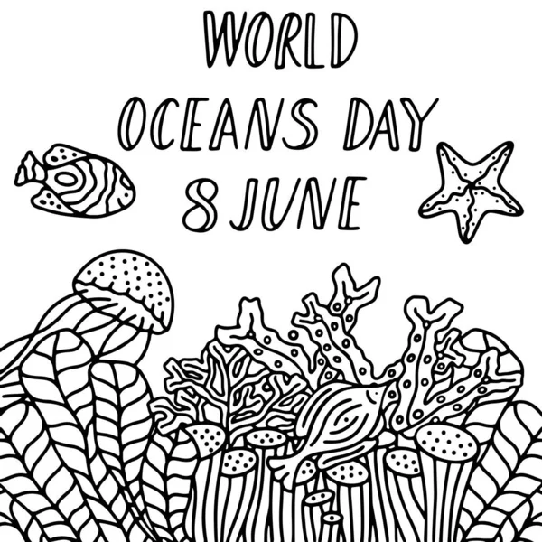 Dünya okyanusları 8 Haziran. Siyah ve beyaz dijital vektör çizimi