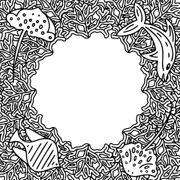 Kart veya davetiye için deniz yosunları ve gitar balıklarıyla siyah ve beyaz vektör çerçevesini çember içine alın. Dalış, tatil ya da etkinlik için el yapımı sualtı şablonu. Renklendirme sayfaları için tasarım kavramı.