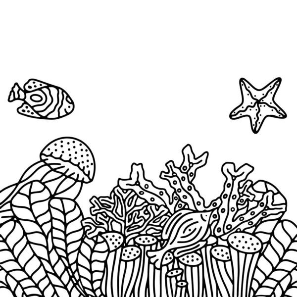 Siyah-beyaz vektör arka planda deniz yaşamı çizildi.