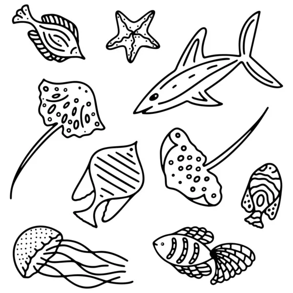 Bir dizi siyah beyaz izole okyanus ve deniz balığı.