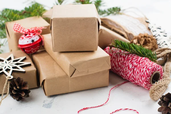 Pile of Christmas gift boxes with decor — Stock Photo, Image