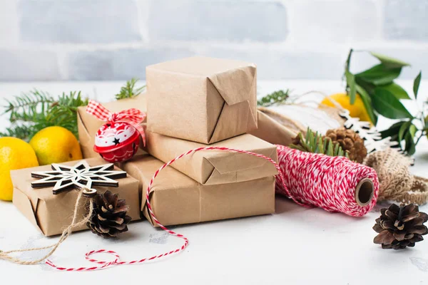 Pile of Christmas gift boxes with decor — Stock Photo, Image