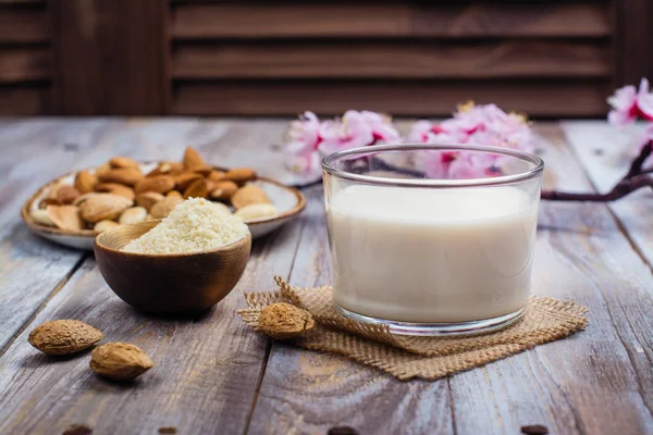 Non dairy vegan almond milk in a tall glass — Stock Photo, Image