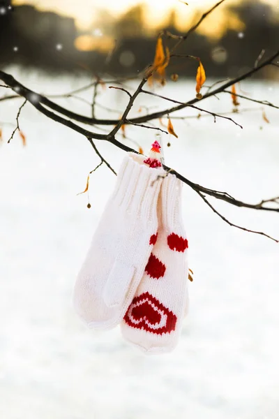White mittens with red hearts decor are hanging on a tree branch
