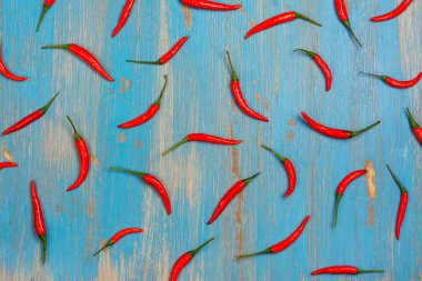 Kırmızı sıcak biber biber bakla ve pul mavi arka plan