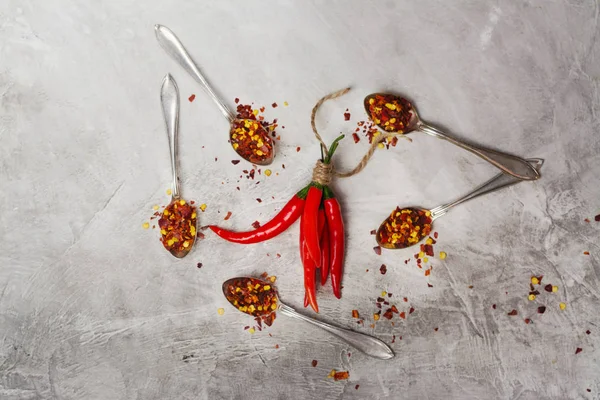 Bunch of red hot chilli peppers and flakes in spoons on grey stone kitchen table — Stock Photo, Image