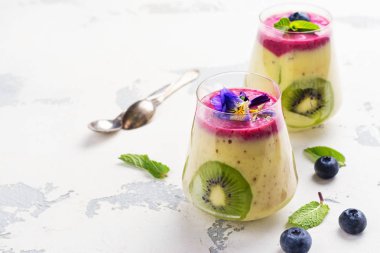 Renkli Detoks doğal yenilebilir çiçekler, meyveler ve nane ile güler yüzlü katmanlı