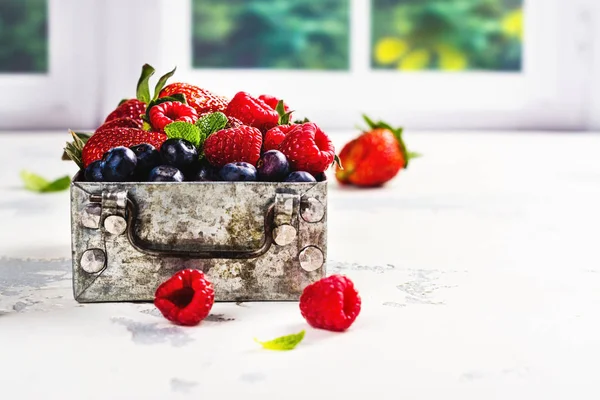 흰 돌 배경에 금속 상자에서 딸기의 신선한 혼합 — 스톡 사진