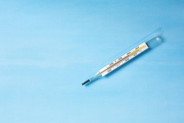 Koronavirüsün önlenmesi için dezenfekte spreyi veya antibakteriyel sabun ve yüz maskesi, üst görünüm, sıcaklık ve arka plan termometresi