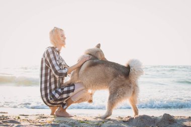 Genç erkek Sibirya husky köpek ile kumsalda güneş doğarken oynuyor.