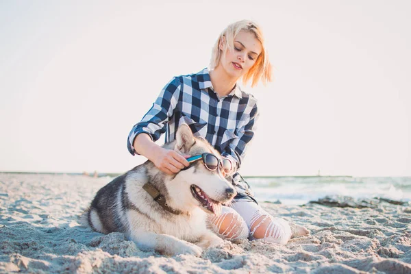 Молодая женщина надевает солнечные очки на сибирскую хаски собаку на пляже — стоковое фото