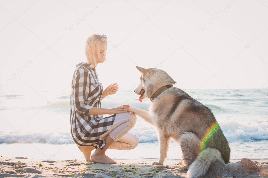 Young female playing and training with siberian husky dog on the beach at sunrise