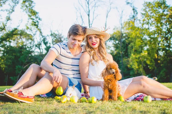 Young attractive couple resting in the park on the green lawn with dog and rabbit — Stock Photo, Image