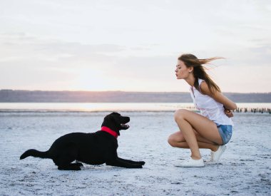 Genç kadın eğitim labrador retriever köpek gün batımında sahilde