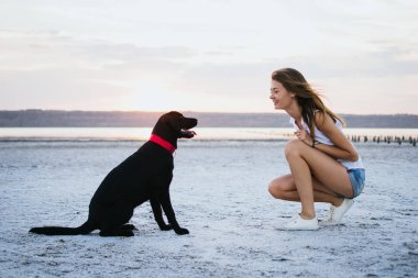 Genç kadın eğitim labrador retriever köpek gün batımında sahilde