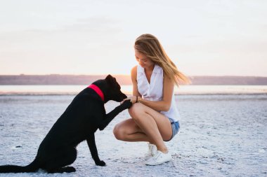 Genç kadın eğitim labrador retriever köpek gün batımında sahilde