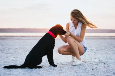 Genç kadın, labrador retriever köpek gün batımında sahilde
