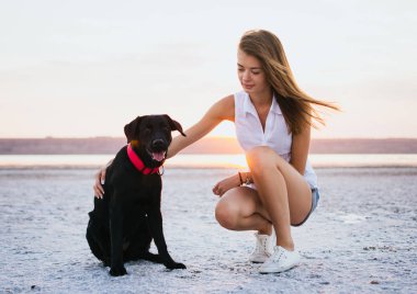 Genç erkek ile labrador retriever köpek sahilde günbatımı sarılma