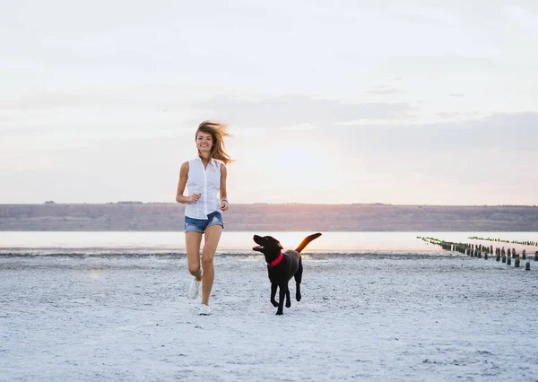 Jovem fêmea caminhando com cão labrador retriever na praia ao pôr do sol — Fotografia de Stock