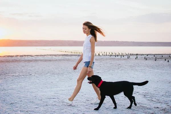 Jovem fêmea caminhando com cão labrador retriever na praia ao pôr do sol — Fotografia de Stock