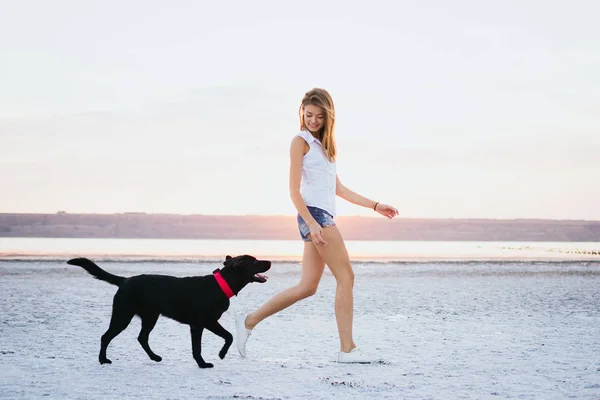 Jovem fêmea caminhando com cão labrador retriever na praia ao pôr do sol — Fotografia de Stock