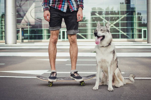 Primer plano del hombre en el monopatín con perro husky siberiano en la calle — Foto de Stock