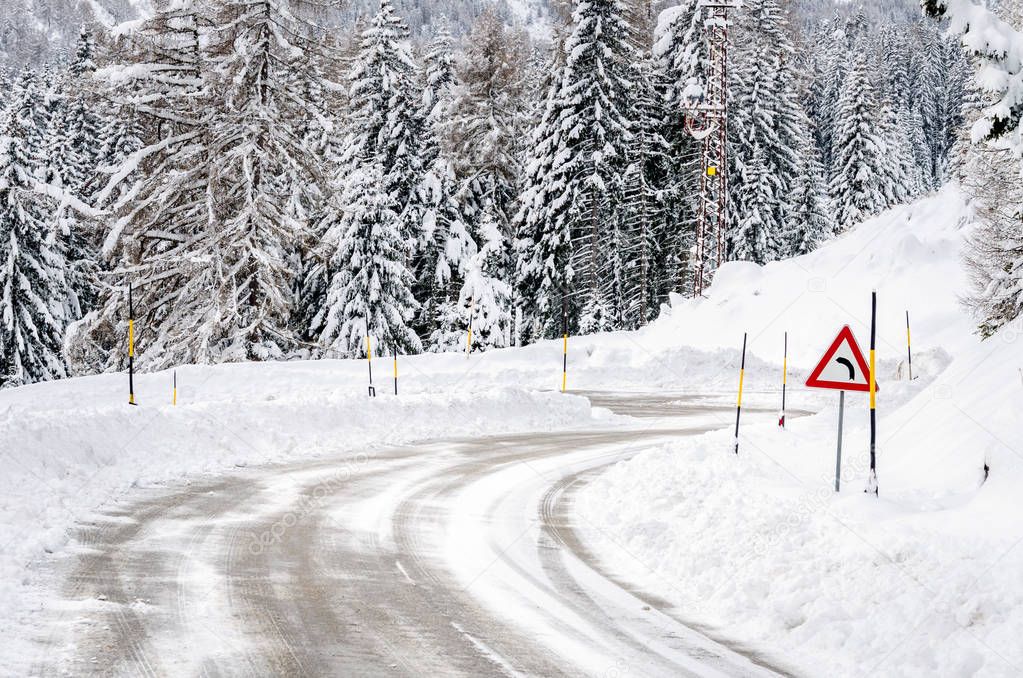 Treacherous Snowy Winding Road in the Alps