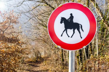 Binicilik için bir orman yolu mot uygun başında dairesel Avrupa trafik işaretleri