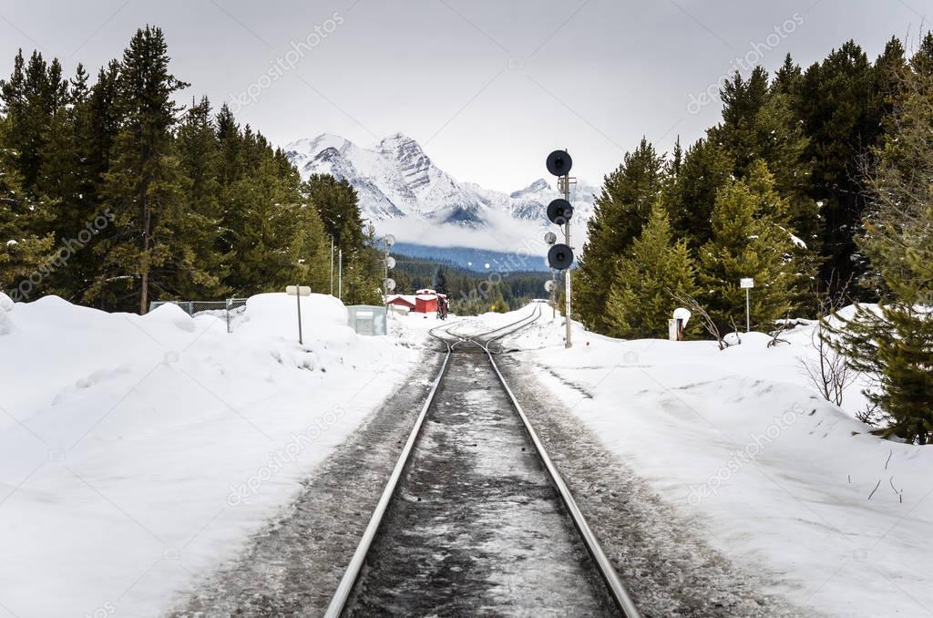 Empty Railway Covered in Snow
