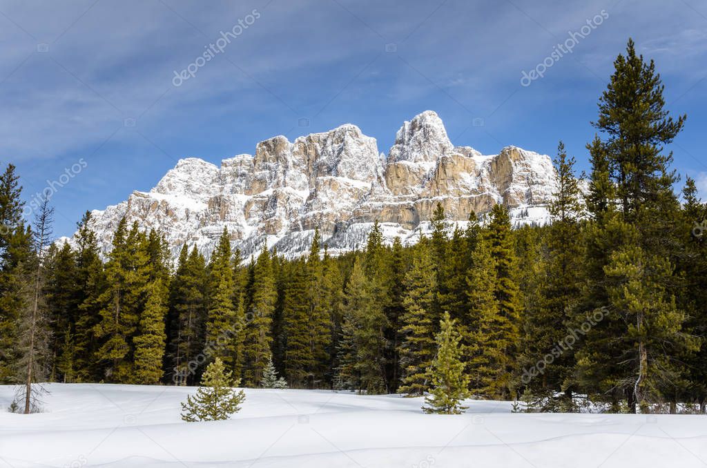 Majestic Castle Mountain Covered in Snow under Blue Sky