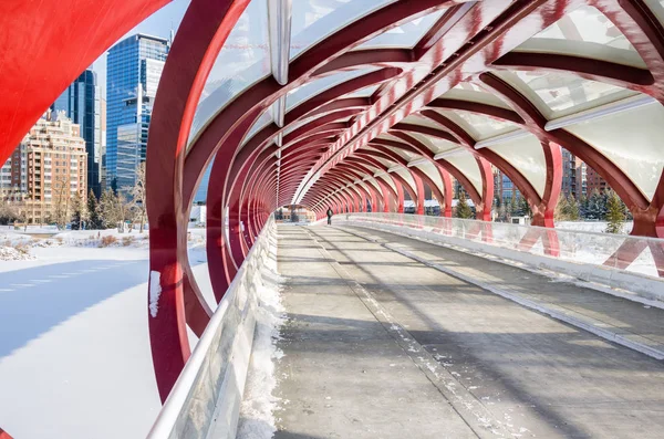 Pessoa caminhando ao longo de uma ponte de aço moderna no dia de inverno de congelamento — Fotografia de Stock