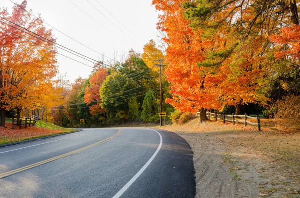 Herfstkleuren langs een gebogen weg bij zonsondergang — Stockfoto