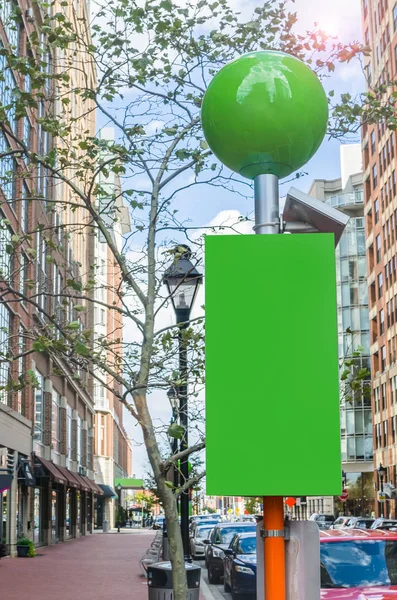 Photo Blank Green Billboard Sidewalk Lined Trees Lamp Posts Copy — Stock Photo, Image