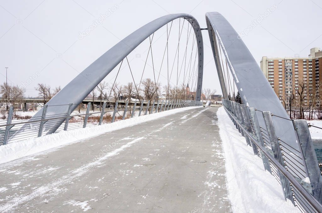 Empty Pedestrian Bridge in Calgary, AB, Canada, on a Snowy Day.