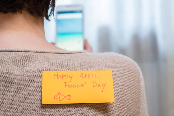 Happy April Fools Day Woman Using Mobile Phone Sticky Note — Stock Photo, Image